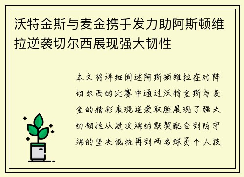 沃特金斯与麦金携手发力助阿斯顿维拉逆袭切尔西展现强大韧性 沃特金斯与麦金携手发力助阿斯顿维拉逆袭切尔西展现强大韧性